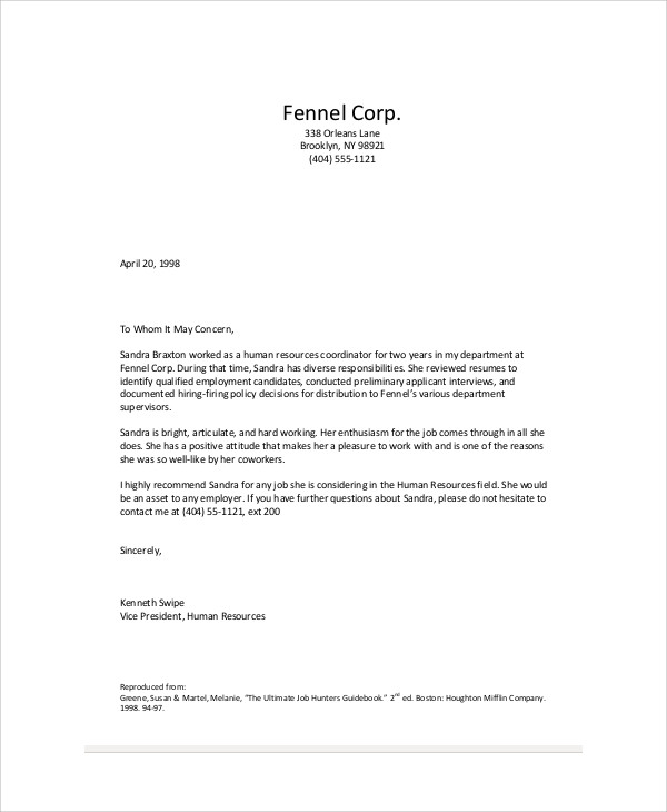 Free Recommendation Letter Examples For Coworker Pdf Printable