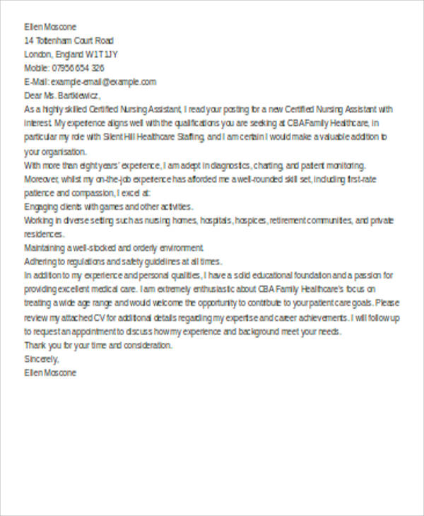 Cna Cover Letter Example Good Collection Best