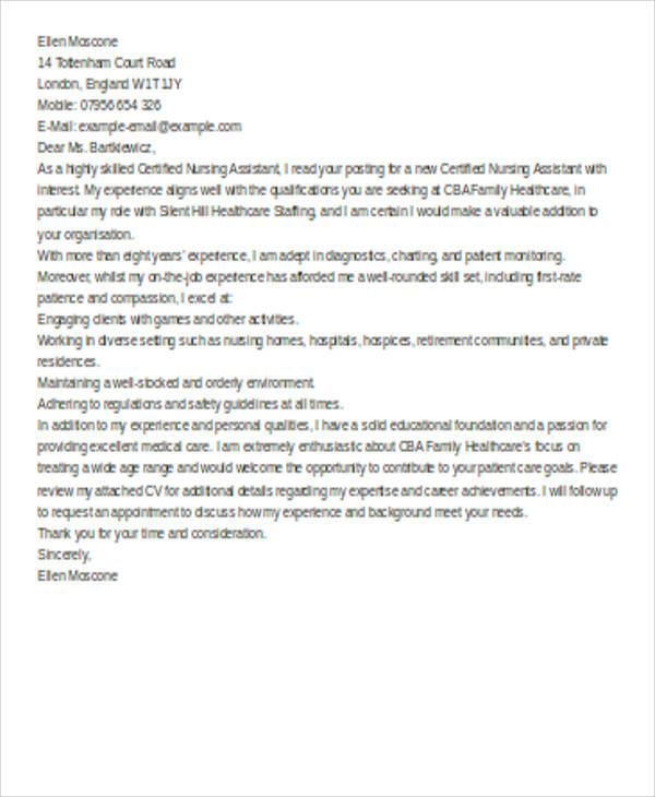 example of nursing assistant cover letter