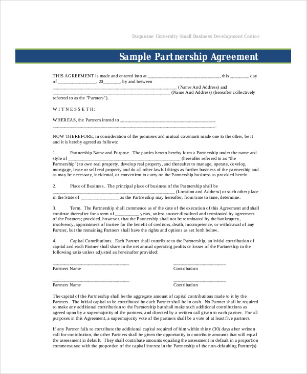 sample small business partnership agreement