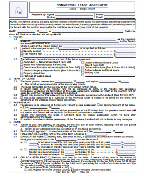 standard commercial lease agreement single tenant 