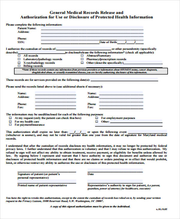 general medical records release form sample