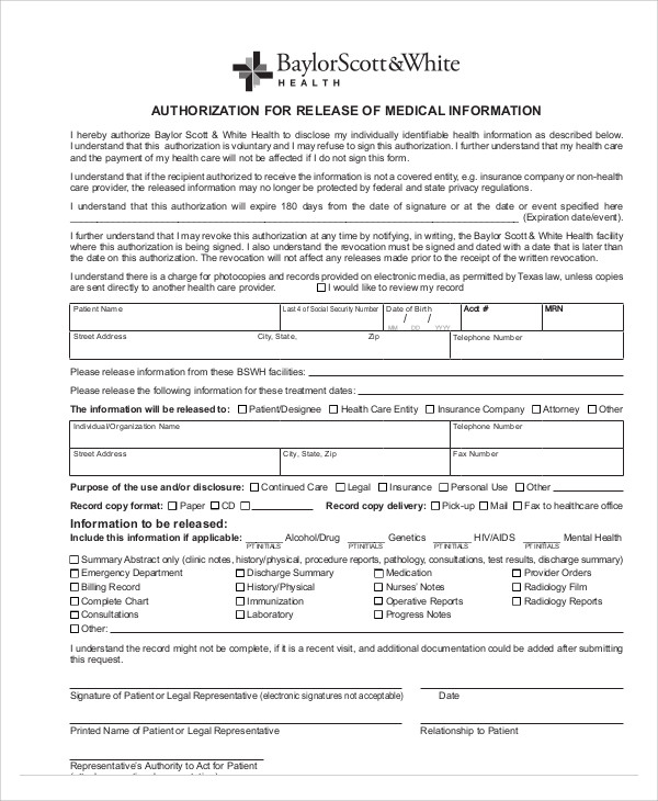sample medical release of information form