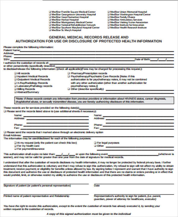 general medical record release authorization form pdf