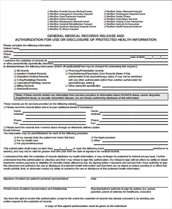 Free Medical Records Release Authorization Form Hipaa