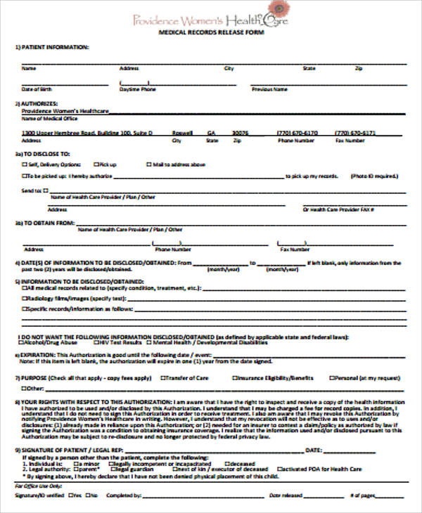 blank medical record release form sample