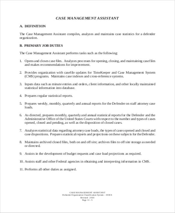 case management assistant job description format