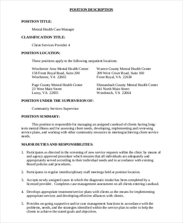 mental health case management job description pdf