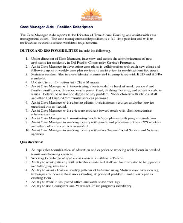 8+ Case Management Job Description Samples  Sample Templates