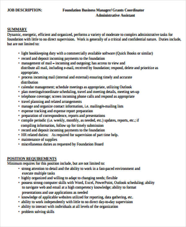 foundation business manager job description pdf