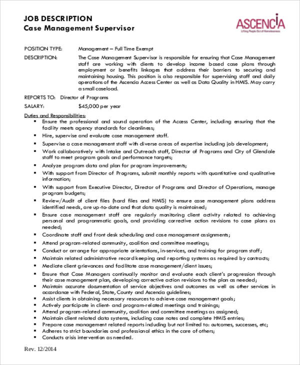 case management supervisor job description