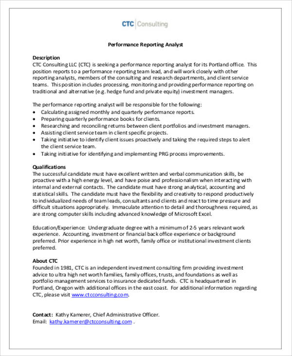 management reporting analyst job description