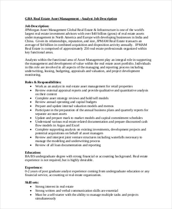 asset management analyst job description example