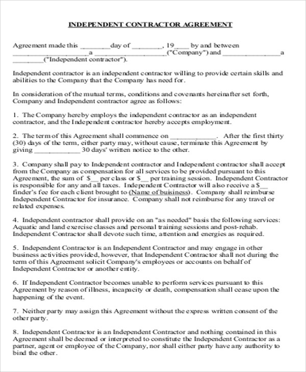 Free 8 Sample Independent Agreement Contracts In Ms Word Pdf