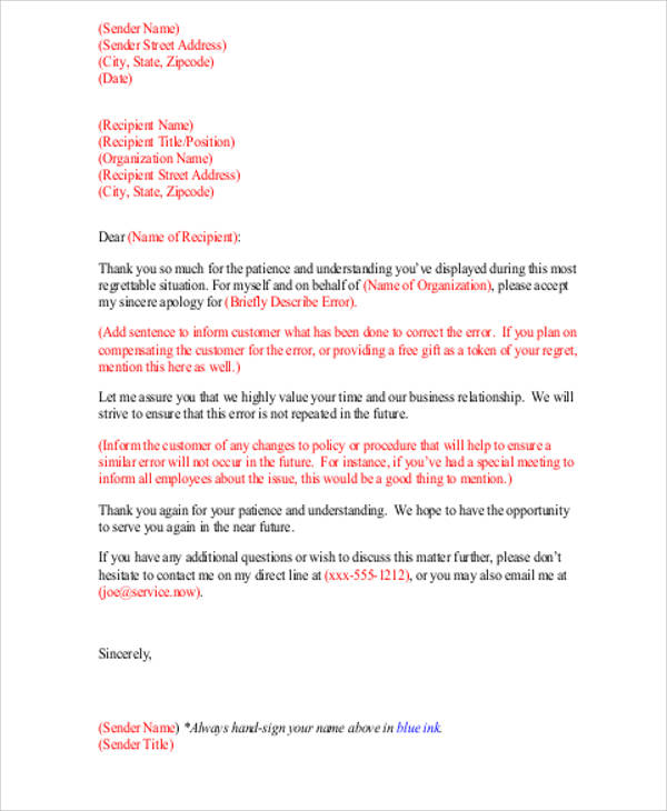 sample formal business apology letter