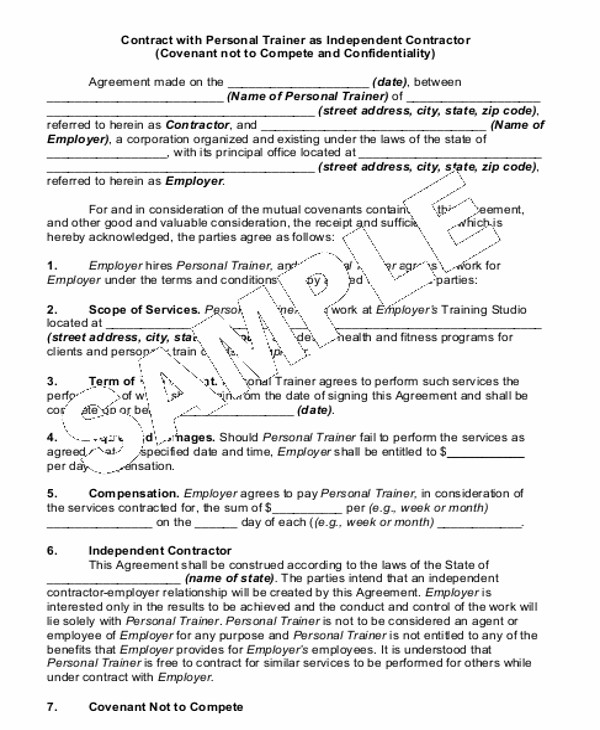 independent personal trainer agreement contract