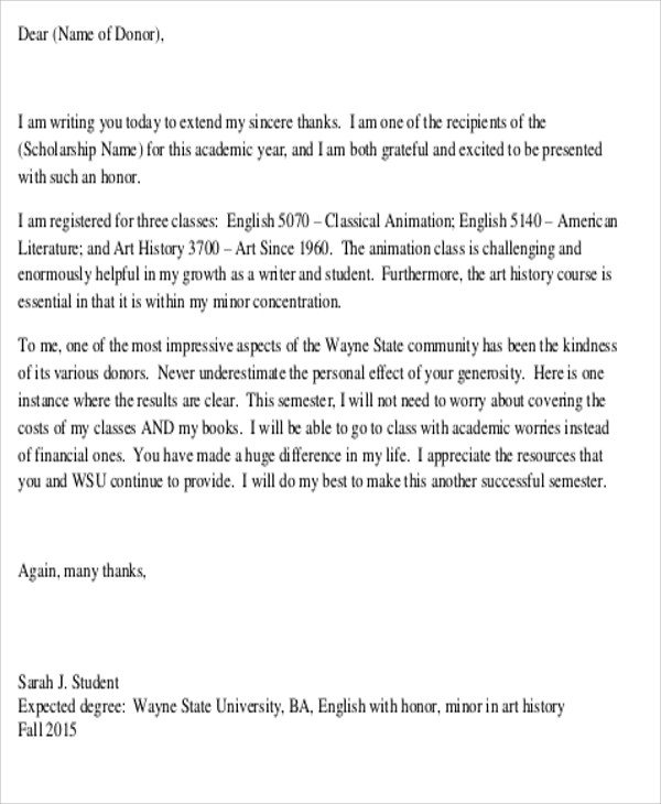 scholarship recipient thank you letter