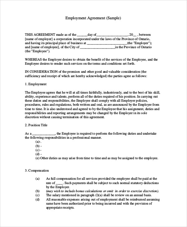 FREE 19 Sample Contract Employee Agreement Templates In MS Word PDF