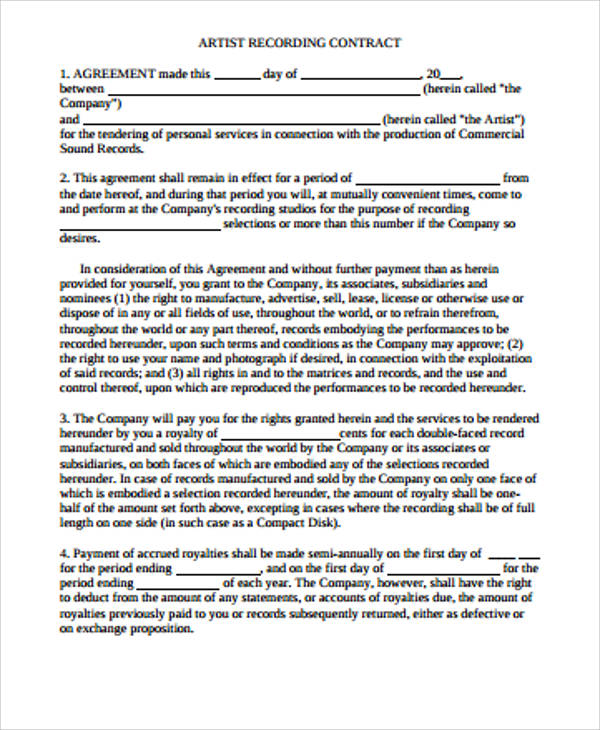 sample artist recording agreement contract