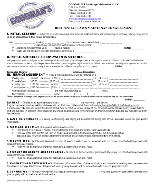 sample lawn maintenance contract agreement