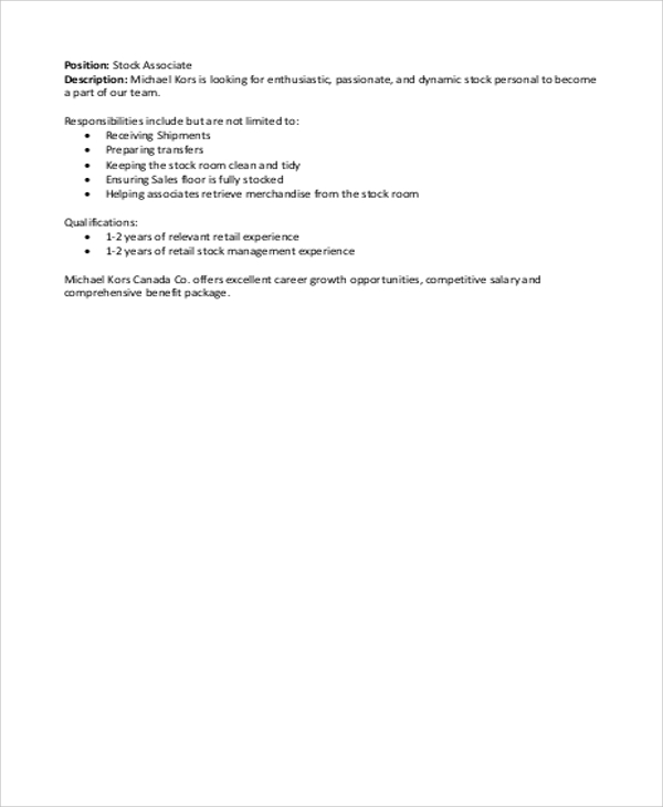 stock associate job description sample