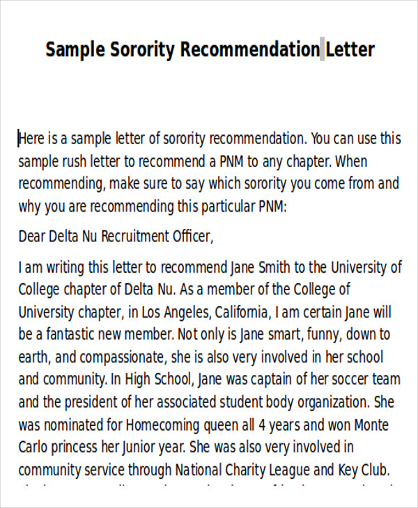 sorority recommendation cover letter