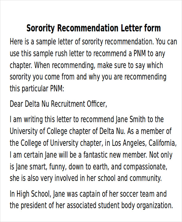 Sample Letter Of Recommendation For A Sorority 