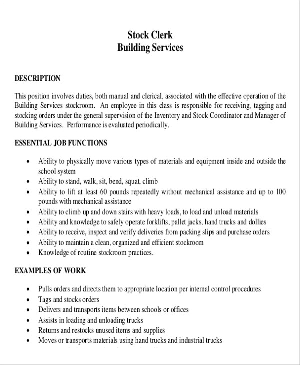 Stock Clerk Job Description Sample 8 Examples In Word PDF