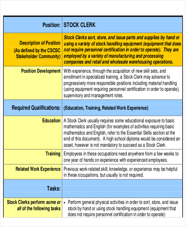 stock clerk position job description 