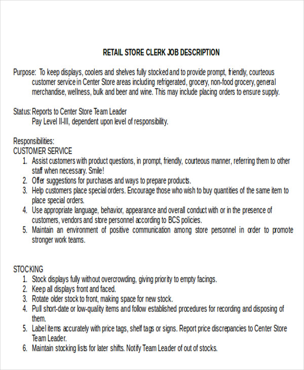 retail stock clerk job description 