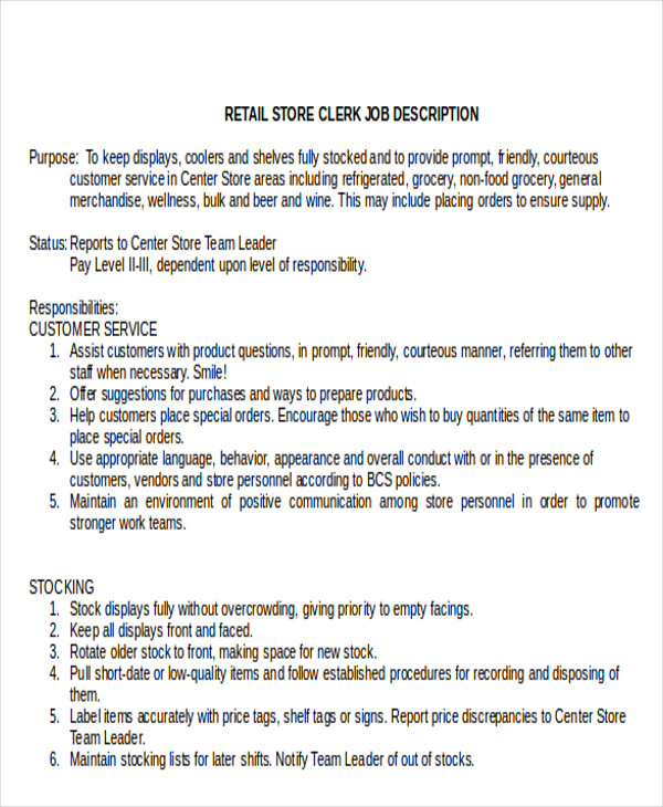 FREE 8 Stock Clerk Job Description Samples In MS Word PDF