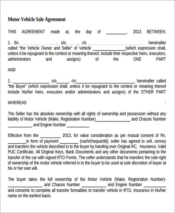 bike sales agreement sample