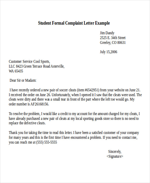 formal letter of complaint example