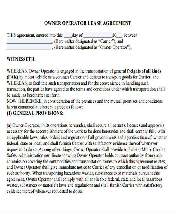 FREE 6+ Owner Operator Lease Agreement Samples in MS Word Google Docs