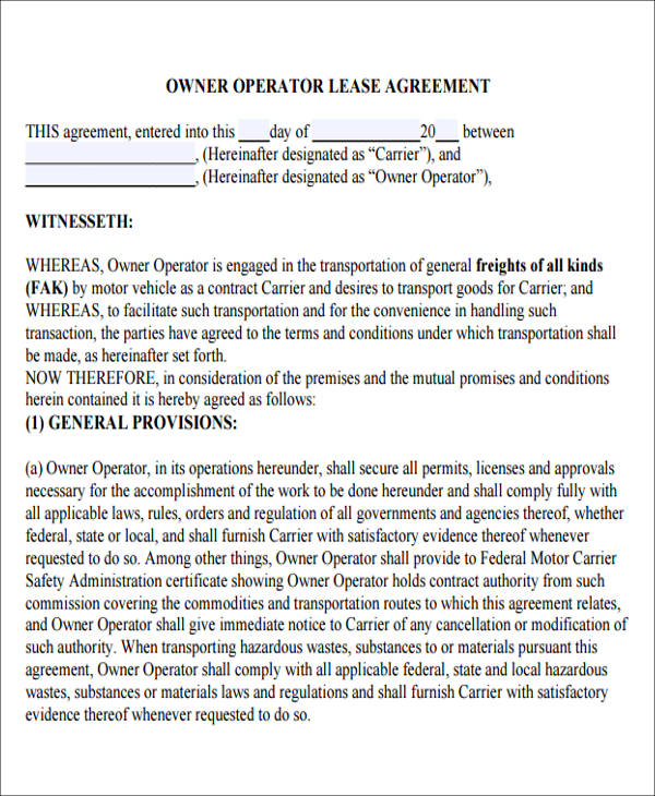 Lease Agreement For Independent Driver Template