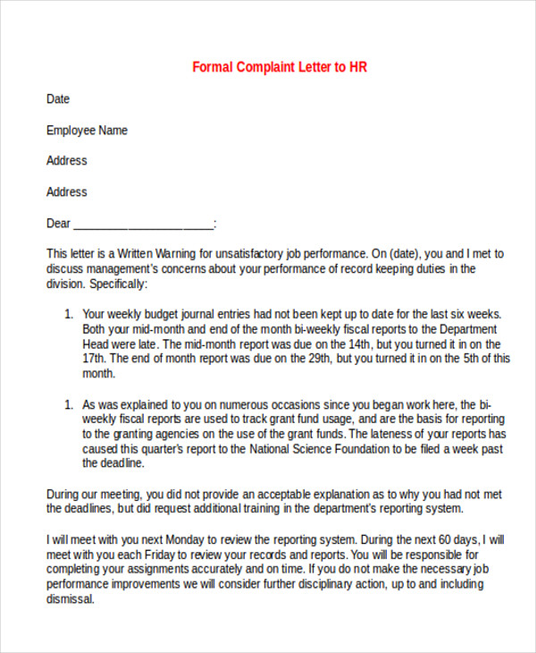formal complaint letter to hr 