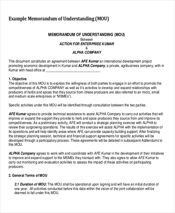 memorandum of understanding sample 