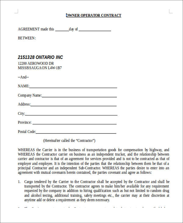 Free Printable Owner Operator Lease Agreement