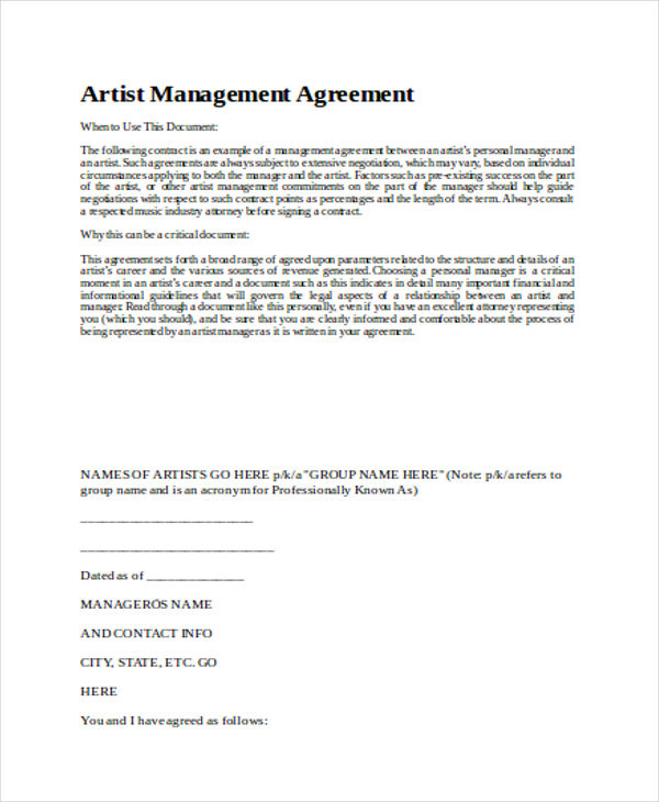 artist contract management agreement