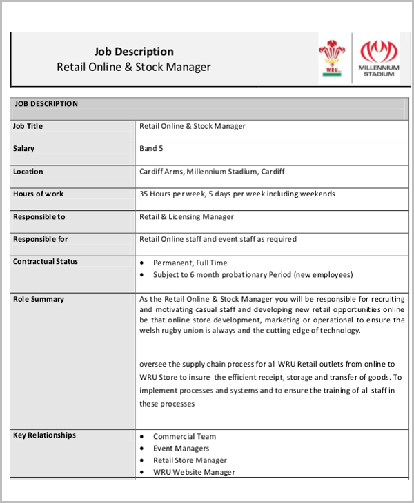 sample retail stock job description