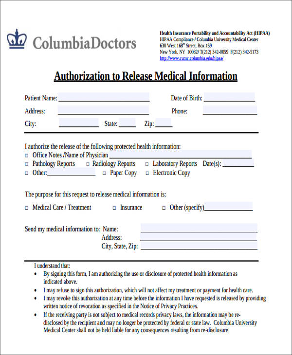release of medical record information form
