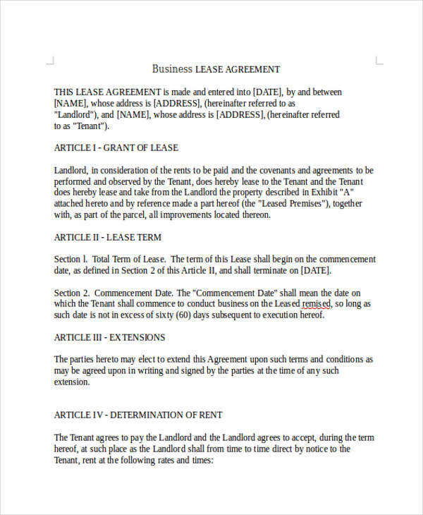 free printable business lease agreement