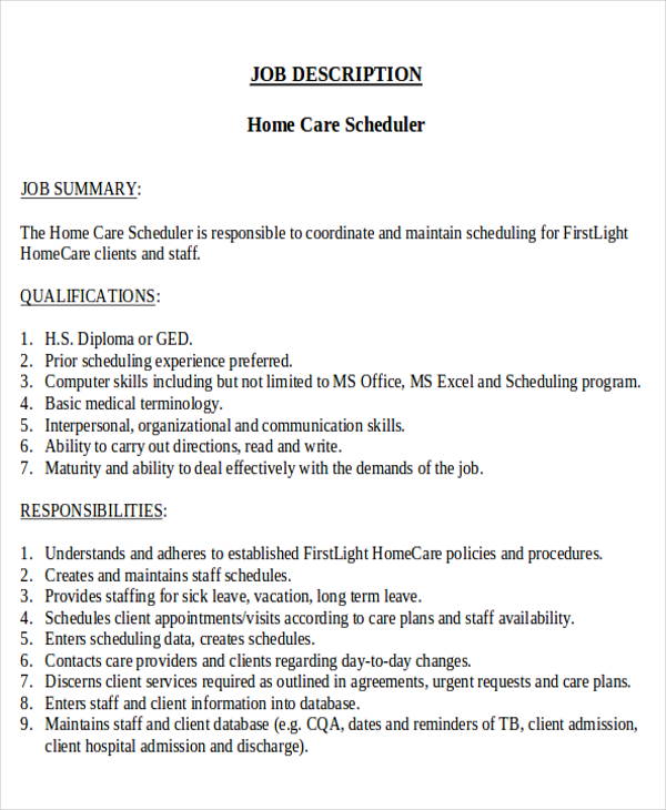 home health scheduling coordinator job description