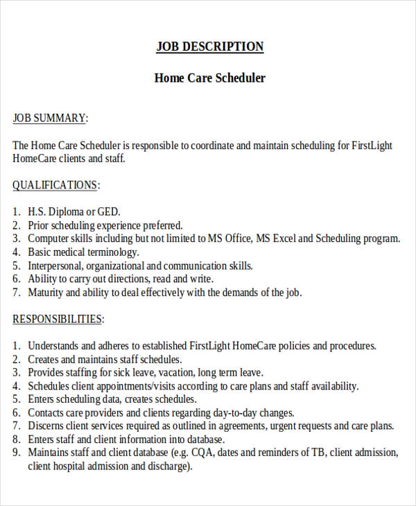 scheduler job description healthcare