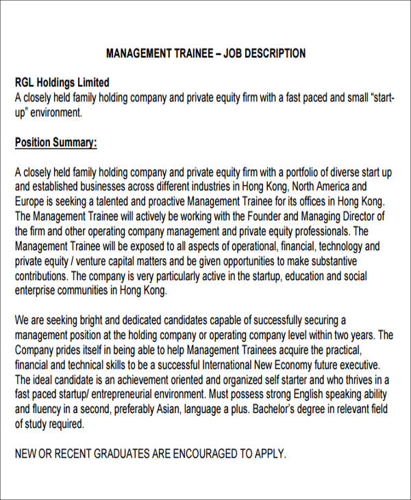 management trainee job description example