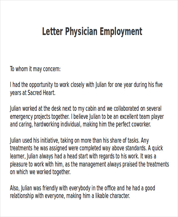 FREE 9+ Sample Physician Letter of Recommendation in PDF ...