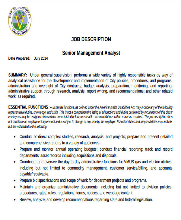 International management analyst job description