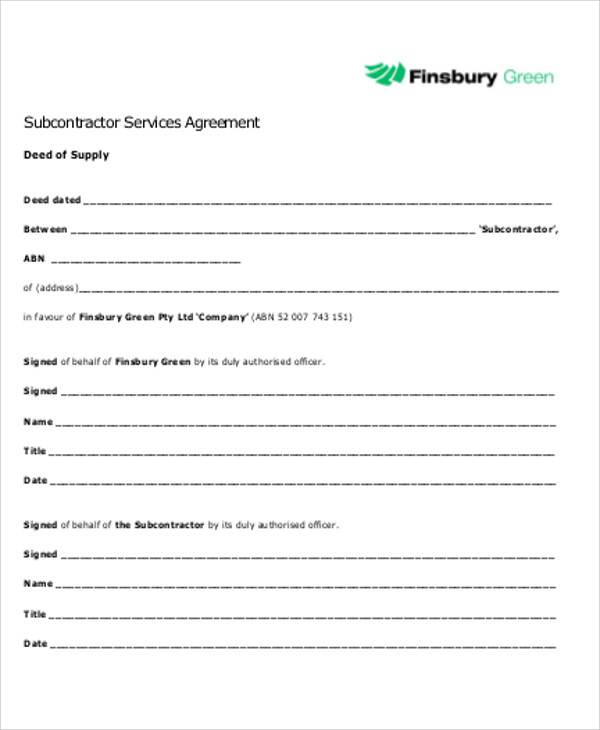 sub contract service agreement free
