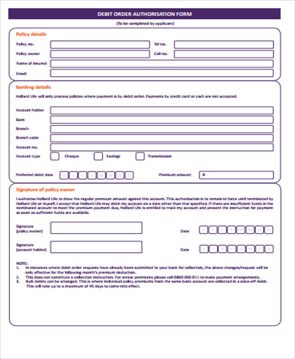 debit order authorisation form