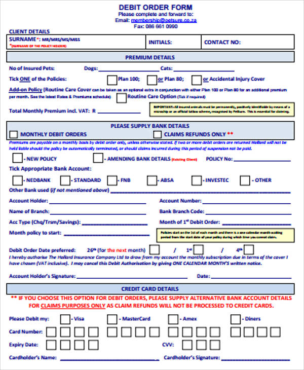 debit order form sample